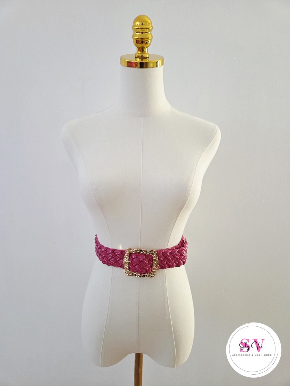 Pink Beaided Belt With Gold Buckle